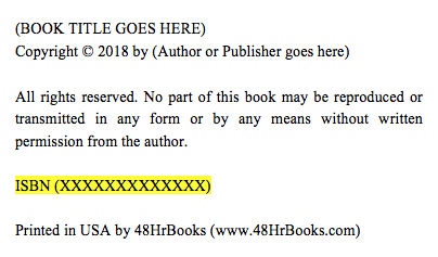 Copyright page example with highlighted space for ISBN