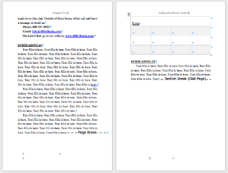 Page break example with subheading and table