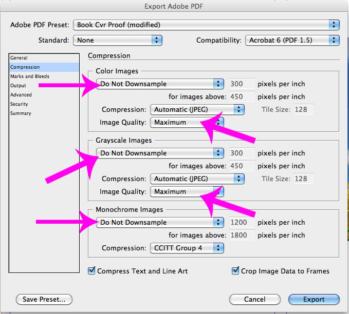 Export Adobe PDF Compression Options