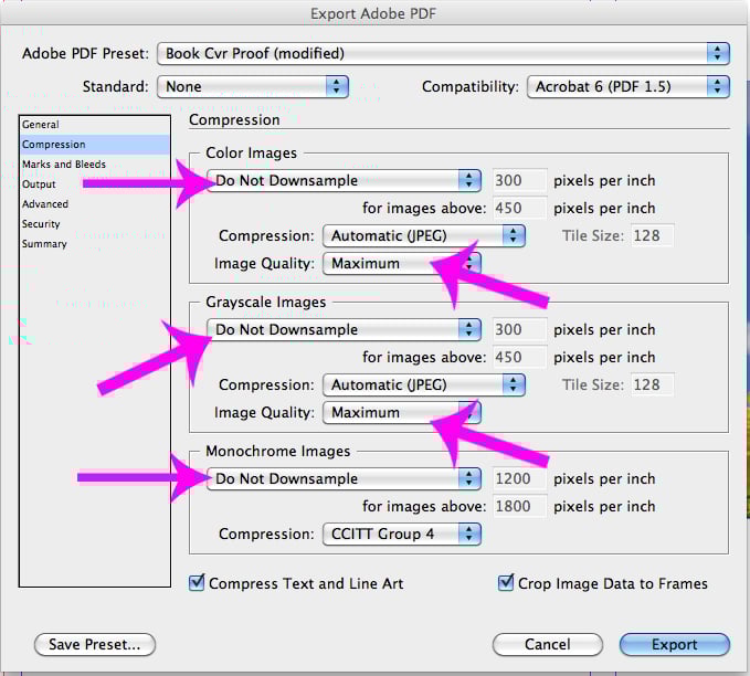 Export Adobe PDF Compression Options